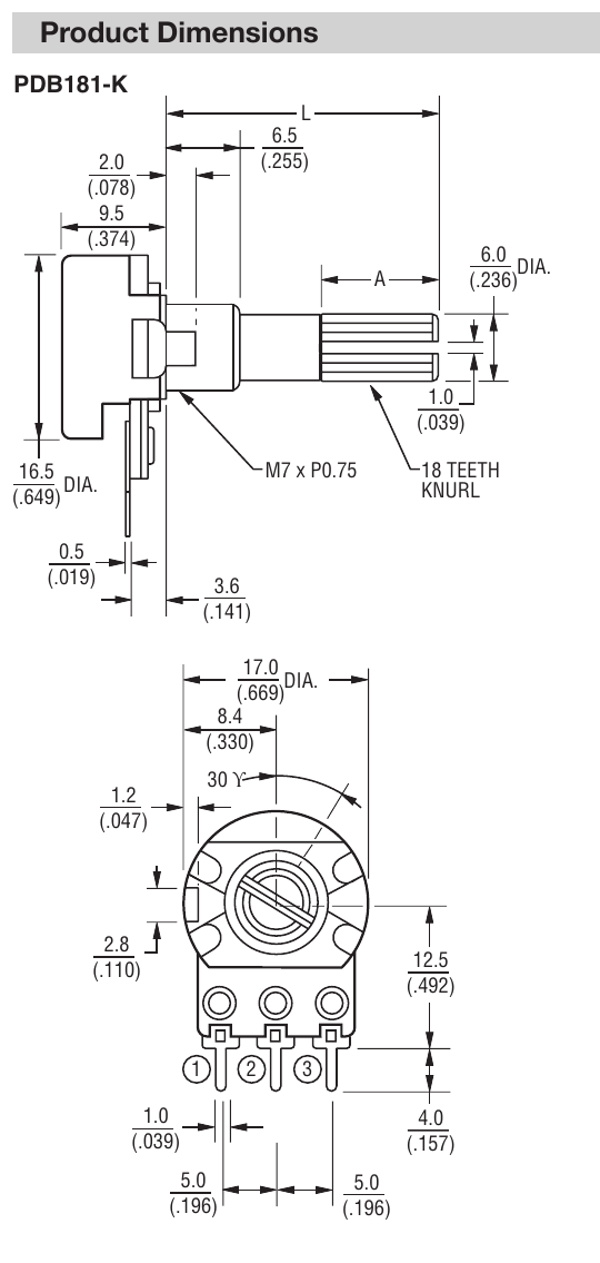 Bourns PDB181-K potentiometer dimension drawing