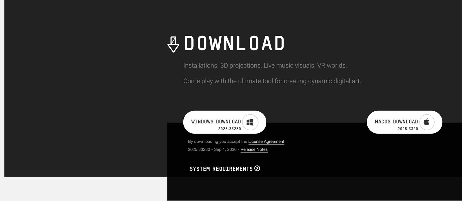 Derivative 官網下載頁，畫面中央為 WINDOWS DOWNLOAD 與 MACOS DOWNLOAD 兩個按鈕，按鈕上標示的版本號是 2025.33230